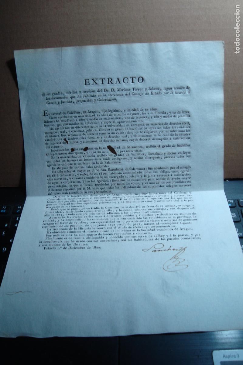 Documentos antiguos: EXTRACTO GRADOS MERITOS Y SERVICIOS POLITICO MARIANO TORRES SOLANOT. PALACIO REAL 1820 FIRMA SANCHEZ