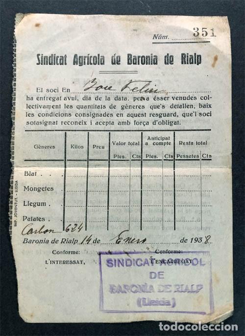 Documentos antiguos: SINDICAT AGRICOLA DE BARON&Iacute;A DE RIALP / RIALB A&Ntilde;O 1938 / ENTREGA 624 Kg. CARB&Oacute;N / LLEIDA