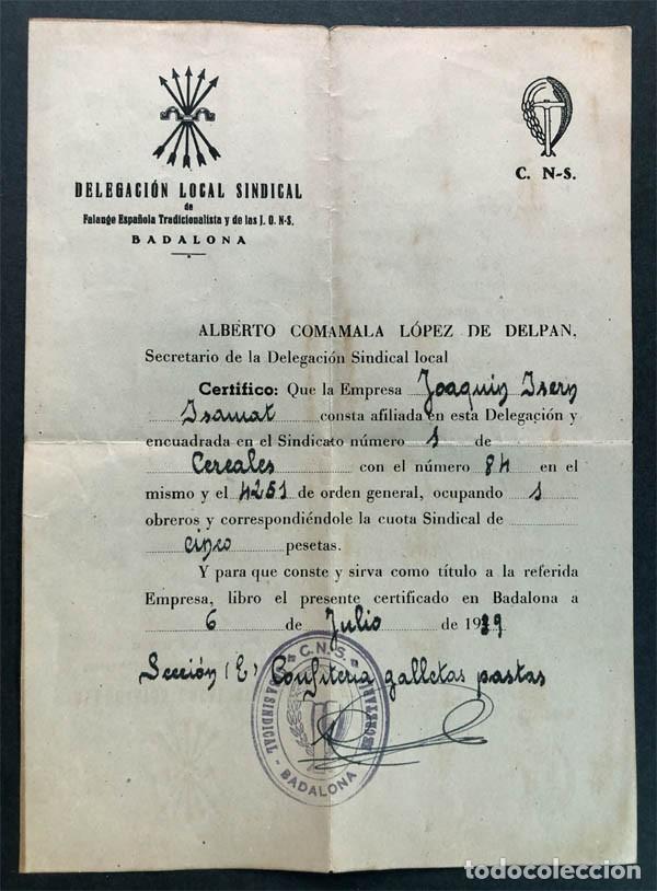 Documentos antiguos: BADALONA 1939 / FALANGE - C.N.S. / EMPRESA AFILIADA ( Secci&oacute;n confiter&iacute;a, galletas y pastas )
