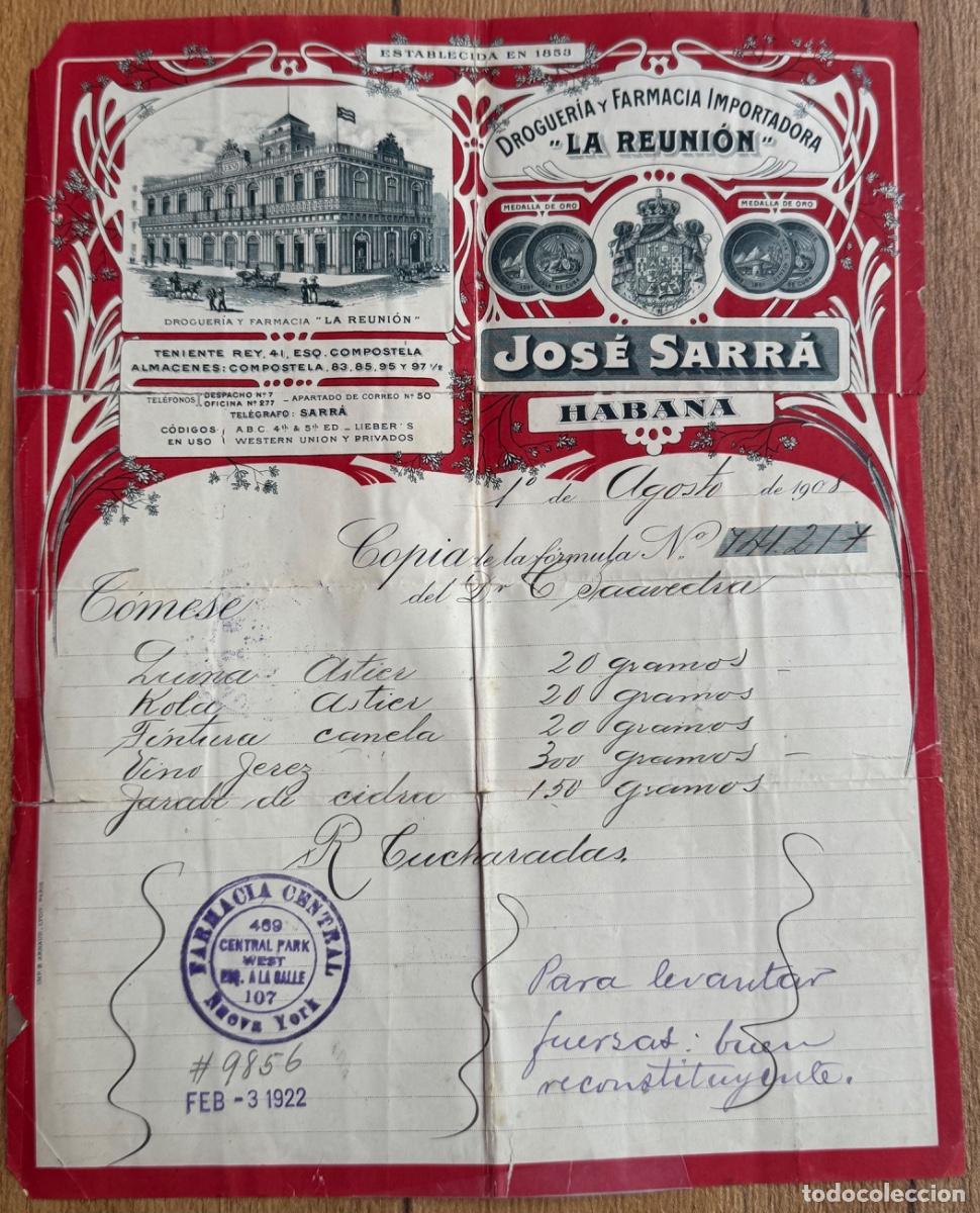 Documentos antiguos: RECETA RECONSTITUYENTE FARMACIA LA REUNI&Oacute;N- JOS&Eacute; SARR&Aacute; -LA HABANA - M&Eacute;DICO CORT&Eacute;S SAAVEDRA -A&Ntilde;O 1908