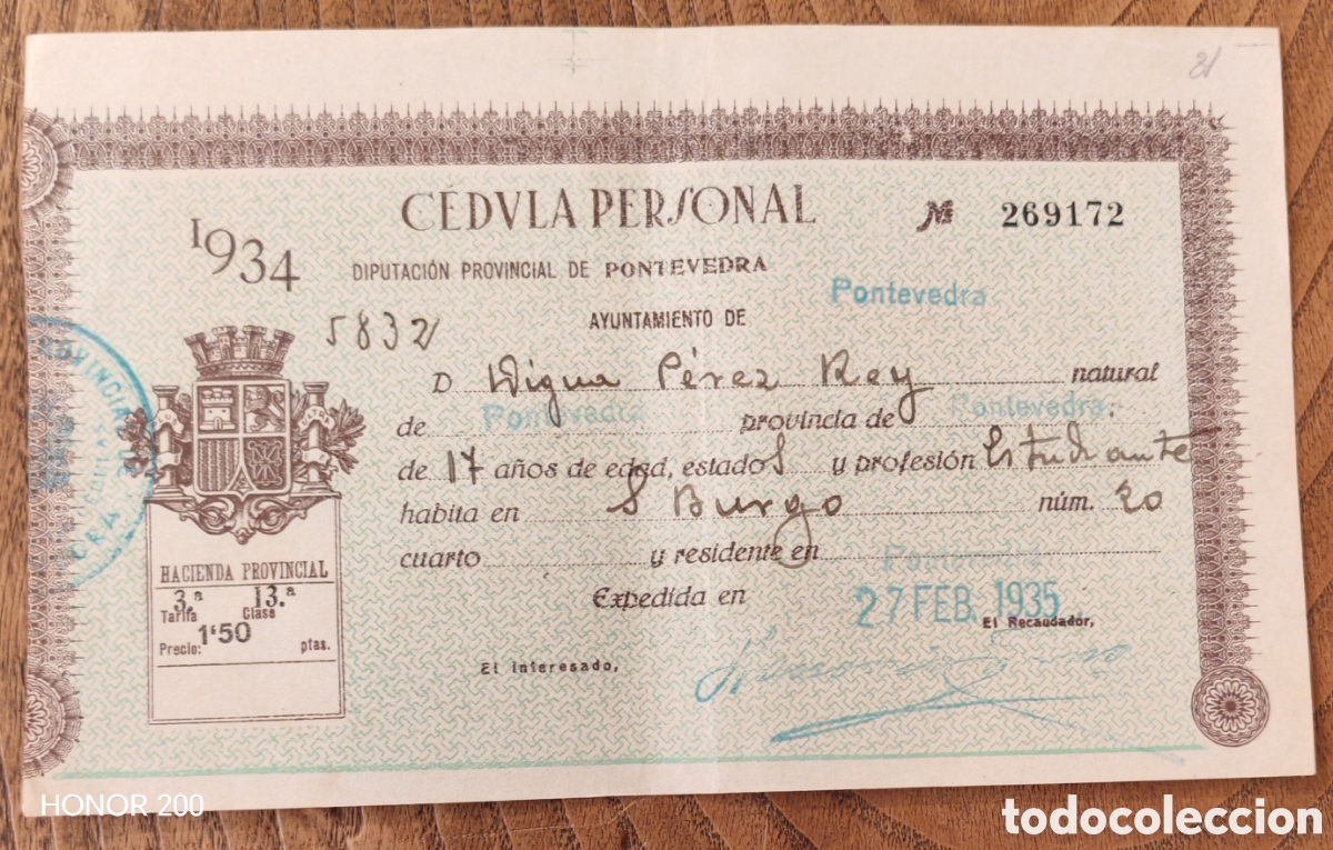 Documentos antiguos: C&eacute;dula Personal - Diputaci&oacute;n y Ayuntamiento de Pontevedra - 1934. II Republica