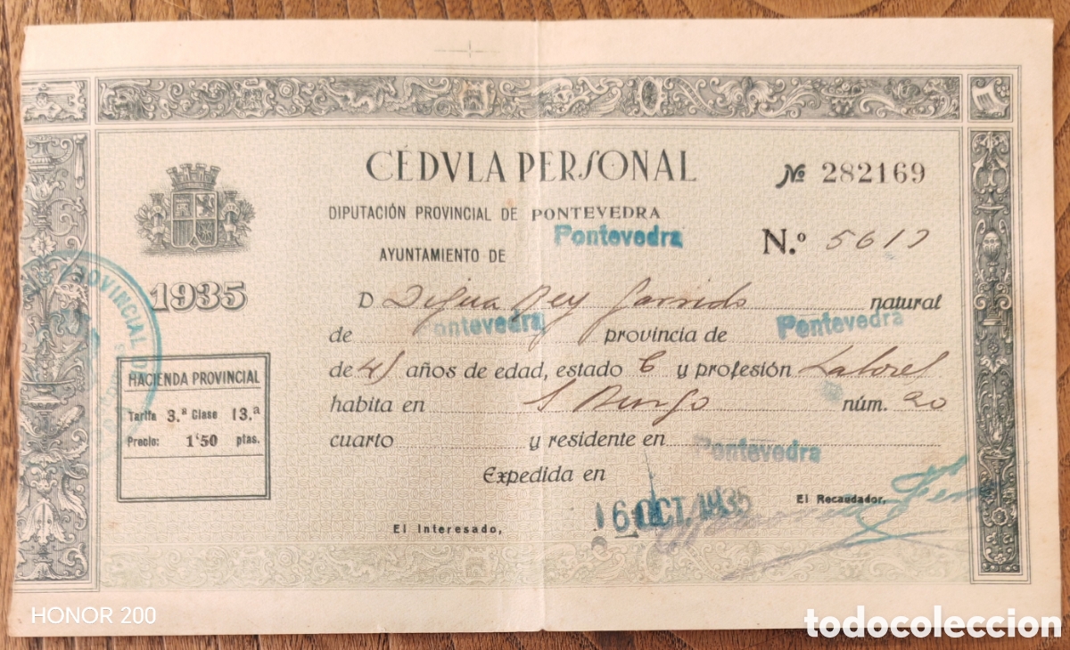 Documentos antiguos: C&eacute;dula Personal - Diputaci&oacute;n y Ayuntamiento de Pontevedra 1935 - II Republica