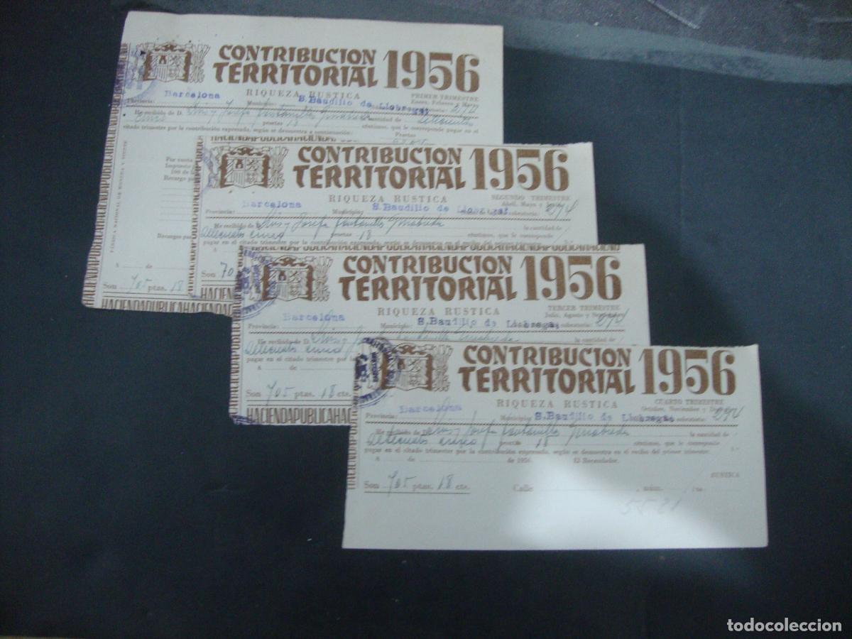 Documentos antiguos: CONTRIBUCION TERRITORIAL S. BAUDILIO LLOBREGAT (SANT BOI) 1,2,3 Y 4 TRIMESTRE 1956