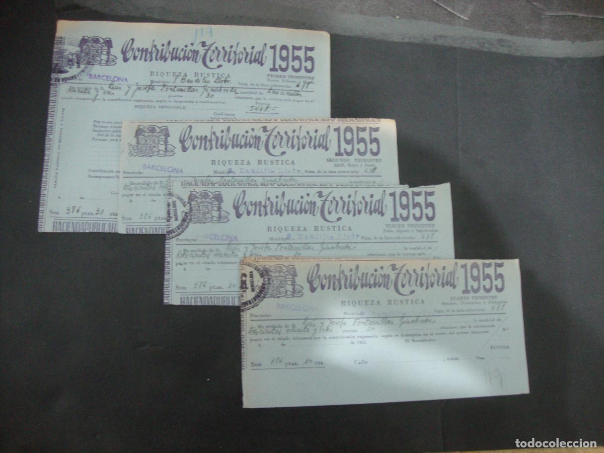 Documentos antiguos: CONTRIBUCION TERRITORIAL S. BAUDILIO LLOBREGAT (SANT BOI) 1,2,3 Y 4 TRIMESTRE 1955