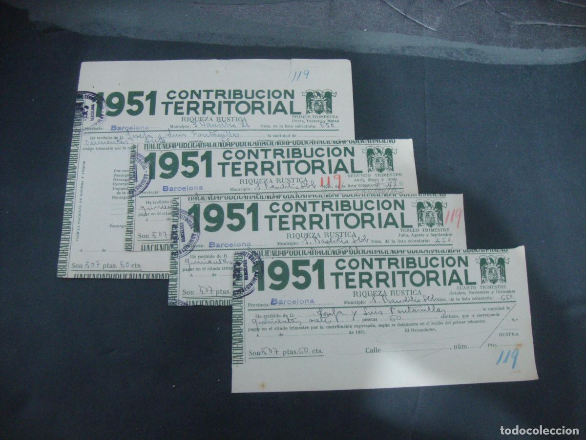 Documentos antiguos: CONTRIBUCION TERRITORIAL S. BAUDILIO LLOBREGAT (SANT BOI) 1,2,3 Y 4 TRIMESTRE 1951