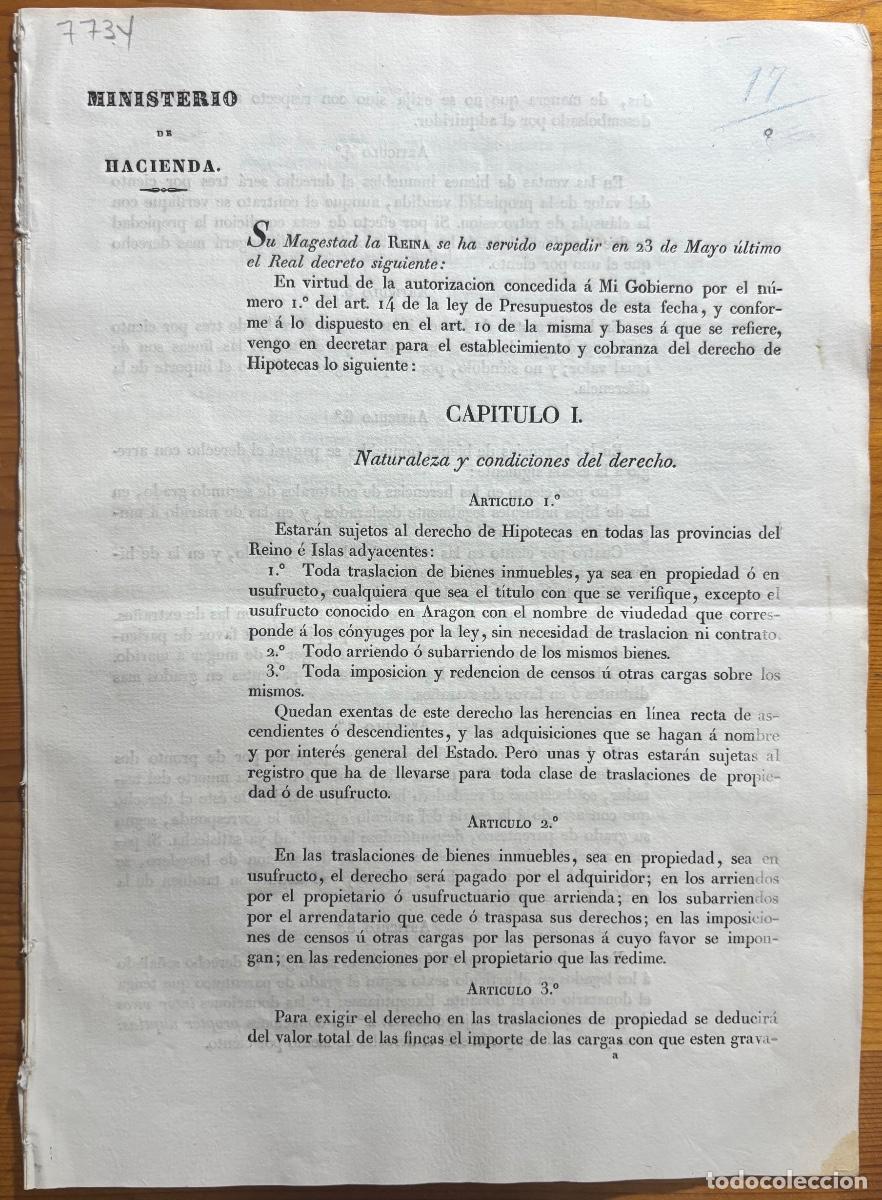 Documentos antiguos: ISABEL II- REAL DECRETO DERECHO HIPOTECAS- MINISTERIO HACIENDA- 1845