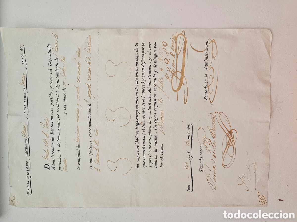 Documentos antiguos: ​Documento 1837 Carta de Pago Contribuci&oacute;n Catastro de Matar&oacute; Sant Esteve Olsinelles Isidro Peralta