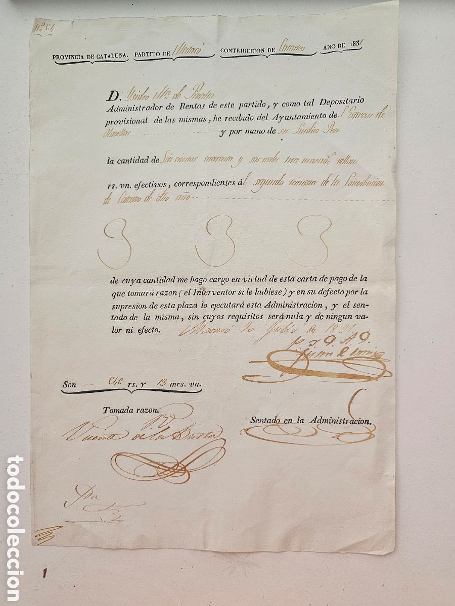 Documentos antiguos: ​Documento 1837 Carta de Pago Contribuci&oacute;n Catastro de Matar&oacute; Sant Esteve Olsinelles Isidro Peralta