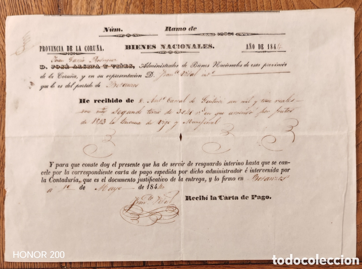Documentos antiguos: Recibo - Pagos frutos de la Tenencia de Vigo y Moneferval 1843 - En Betanzos. Desamortizaci&oacute;n