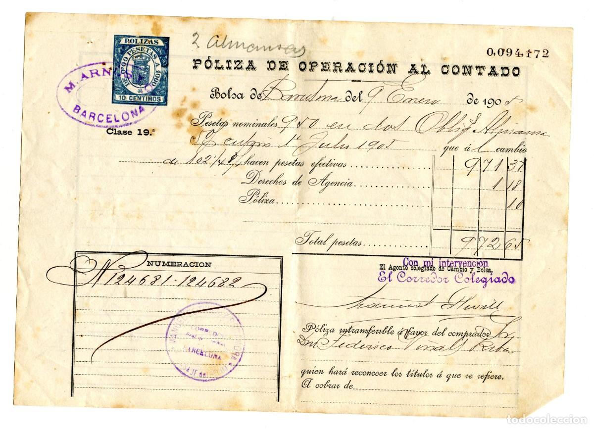 Documentos antiguos: Poliza Operaci&oacute;n al contado, Clase 18 C&iacute;a Ferrocarrriles Norte de Espa&ntilde;a y Almansa. Enero de 1905