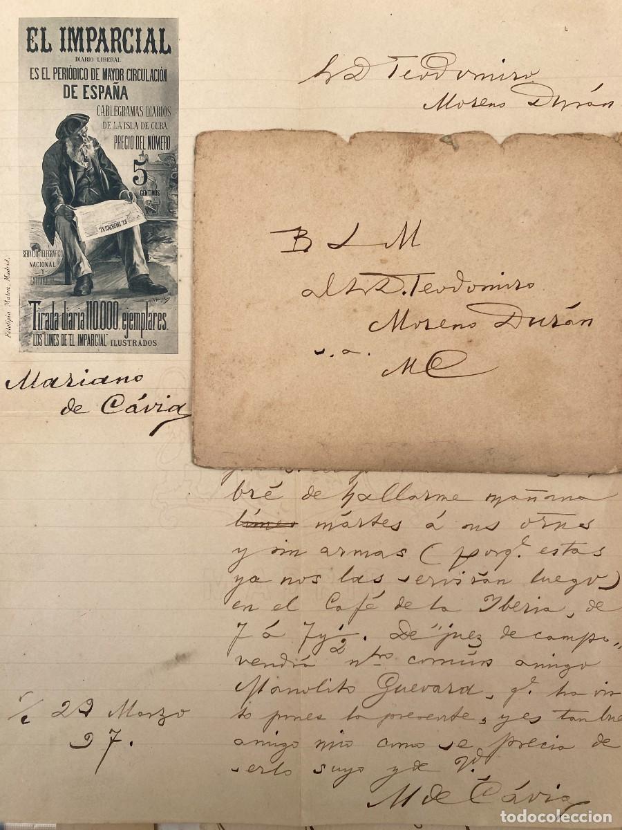Documentos antiguos: Cartel o carta de desaf&iacute;o o duelo de Mariano de Cavia al Bachiller de Estepa. 1897.