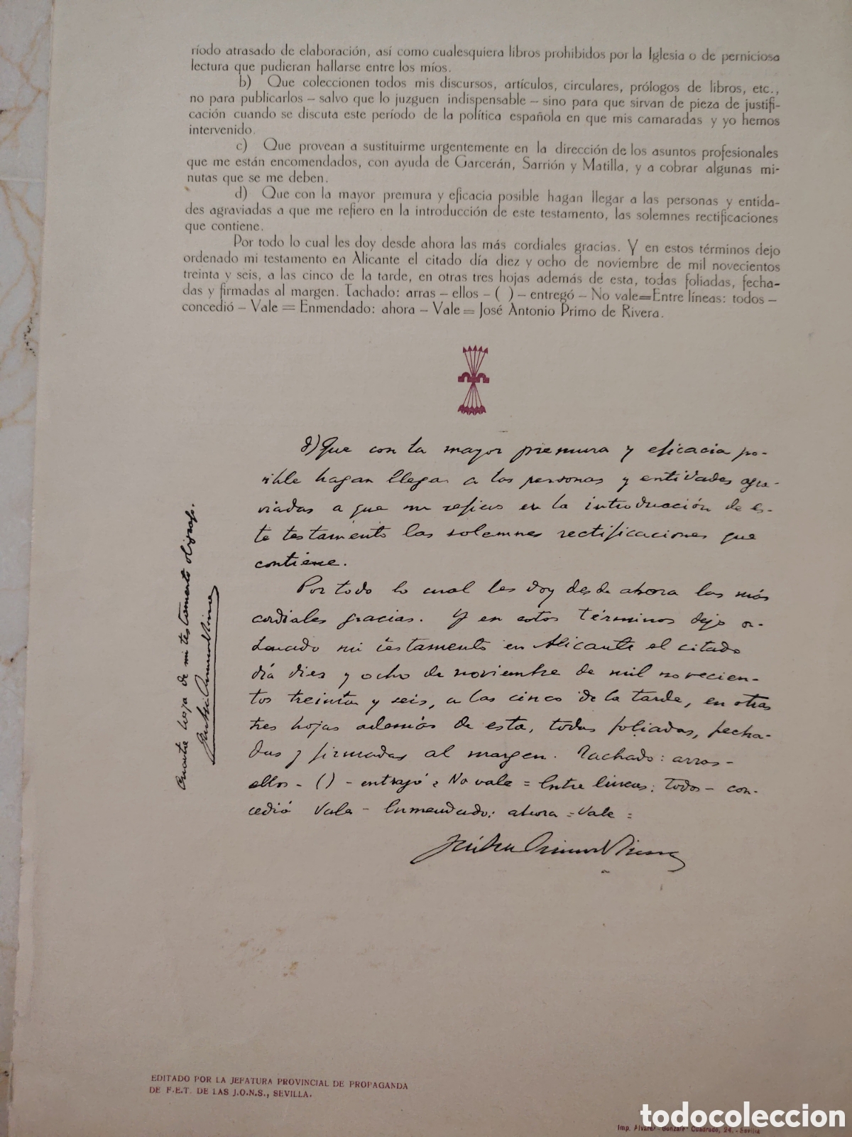 Documentos antiguos: Testamento de Jos&eacute; Antonio Primo de Rivera - Foto 2