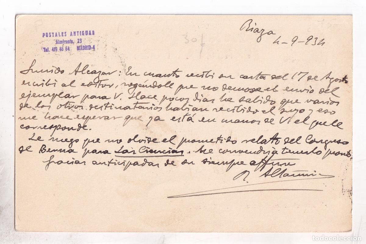 Documentos antiguos: TARJETA DE RAFAEL ALTAMIRA DESDE RIAZA, SEGOVIA, AL CATEDR&Aacute;TICO CAYETANO ALC&Aacute;ZAR. 1934