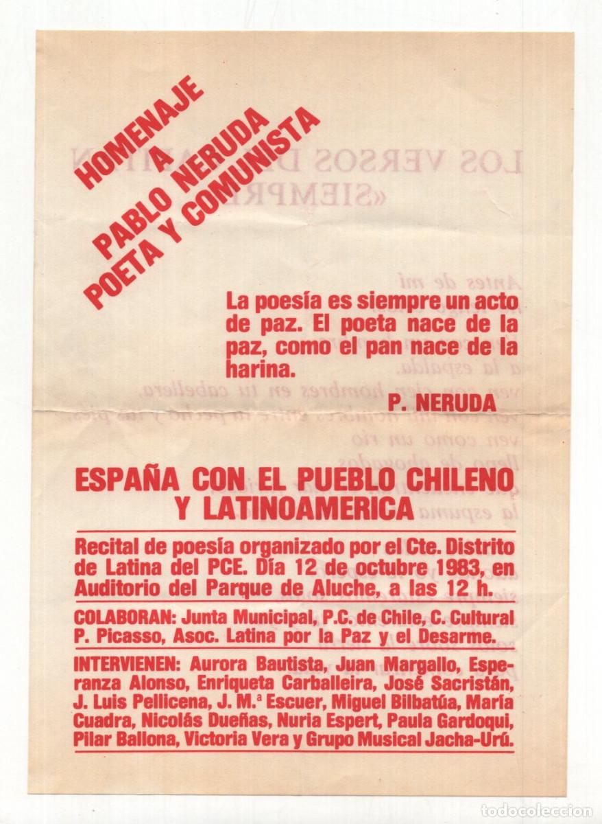 Documentos antiguos: FOLLETO (1983). HOMENAJE A PABLO NERUDA EN ALUCHE (MADRID). PCE SOLIDARIDAD CON CHILE.