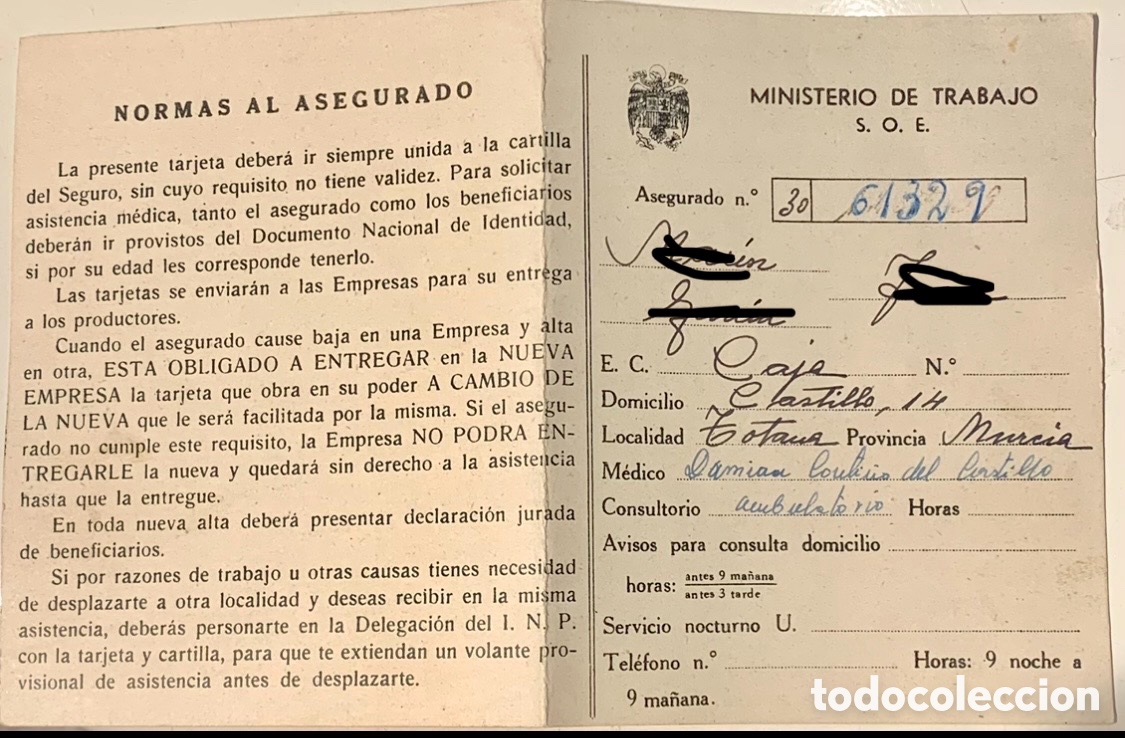 Documentos antiguos: Antigua Tarjeta Sanitaria. Ministerio de Trabajo. Murcia. 1953.