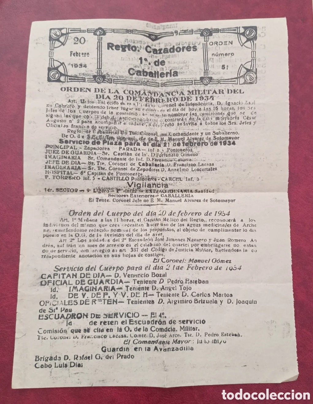 Documentos antiguos: REGIMIENTO CAZADORES 1&deg; DE CABALLER&Iacute;A - ORDEN DE LA COMANDANCIA MILITAR 20 DE FEBRERO DE 1934