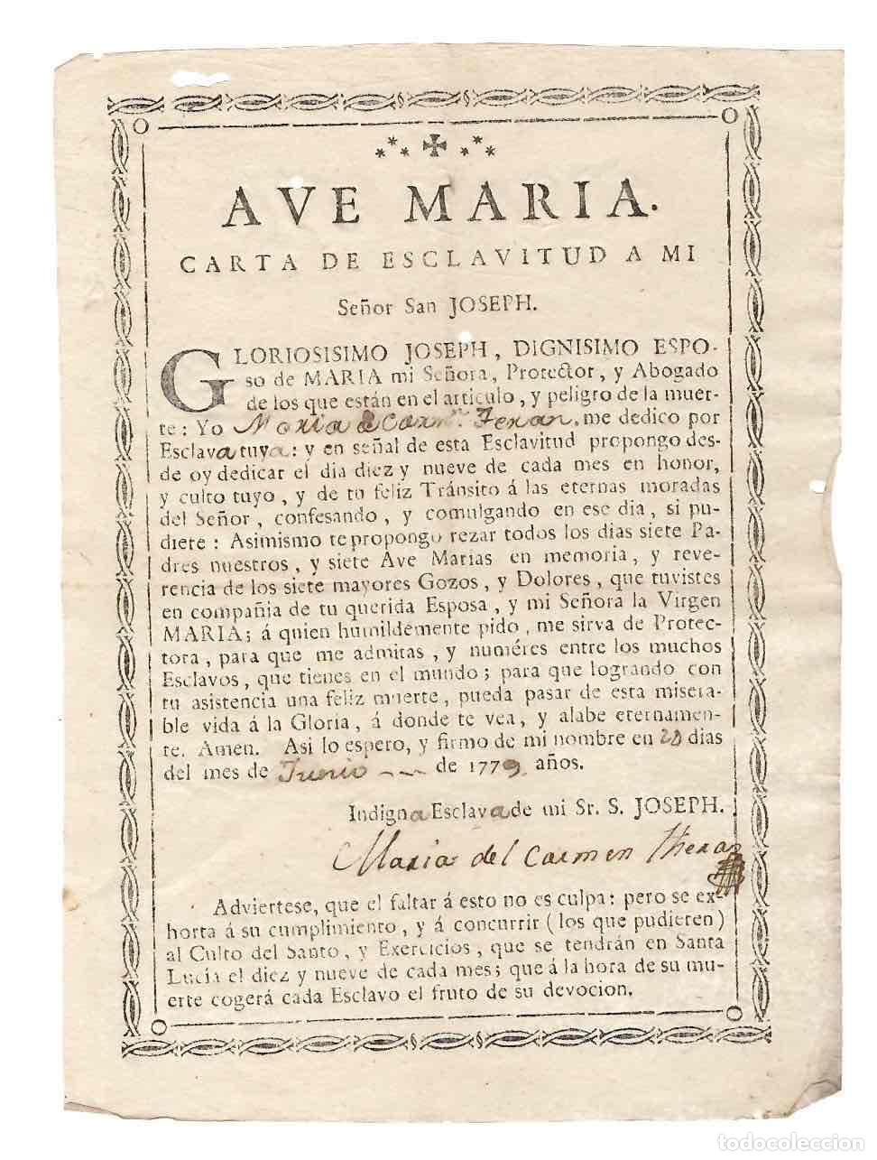 Documentos antiguos: CARTA DE ESCLAVITUD A MI SE&Ntilde;OR SAN JOSEPH. POR MARIA DEL CARMEN TERAN. ANDALUCIA, 1779
