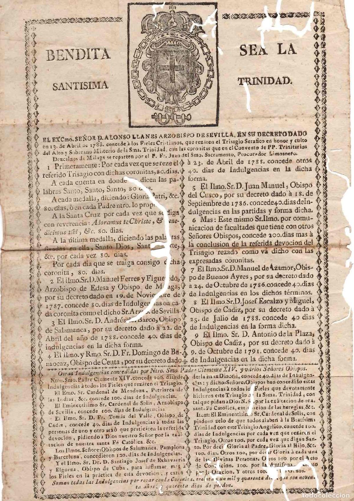 Documentos antiguos: CONCESION INDULGENCIAS POR ALONSO LLANES, ARZOBISPO DE SEVILLA POR REZO DE TRISAGIO SERAFICO 1788