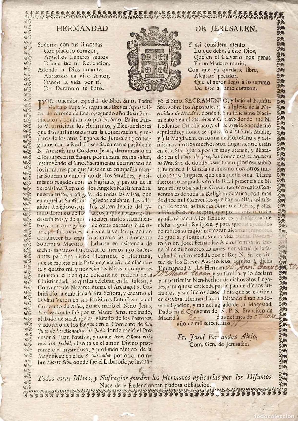 Documentos antiguos: HERMANDAD DE JERUSALEN CONVENTO S. FRANCISCO DE MADRID. PETICION DE LIMOSNAS. A&Ntilde;O 1791