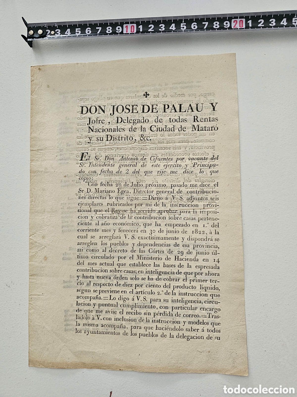 Documentos antiguos: Documento Hist&oacute;rico 1821 / Trienio Liberal: Edicto de la Delegaci&oacute;n de Rentas de Matar&oacute; &ndash; Contribuci