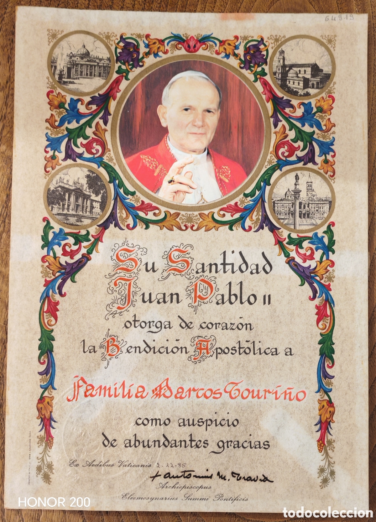 Documentos antiguos: Bendici&oacute;n Apost&oacute;lica del Papa Juan Pablo II. 1985