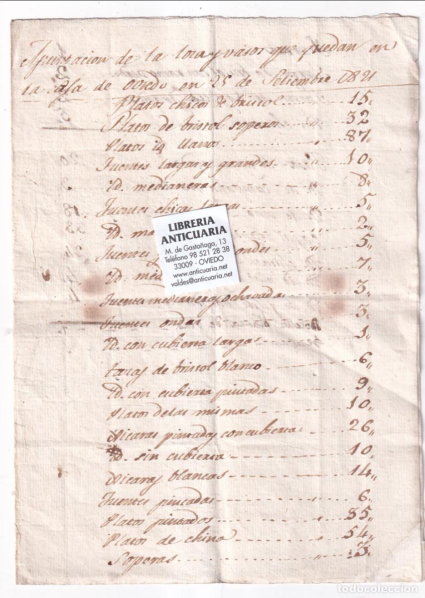 Documentos antiguos: RELACI&Oacute;N DE LA LOZA Y VASOS QUE HAY EN UNA CASA DE OVIEDO EN 1821. ASTURIAS