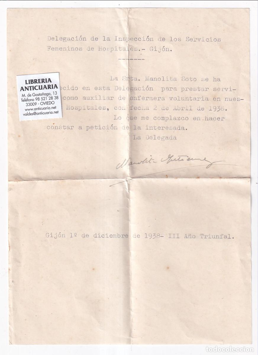 Documentos antiguos: SERVICIOS FEMENINOS DE HOSPITALES. GIJON. 1938. ENFERMERA VOLUNTARIA. GUERRA CIVIL ASTURIAS