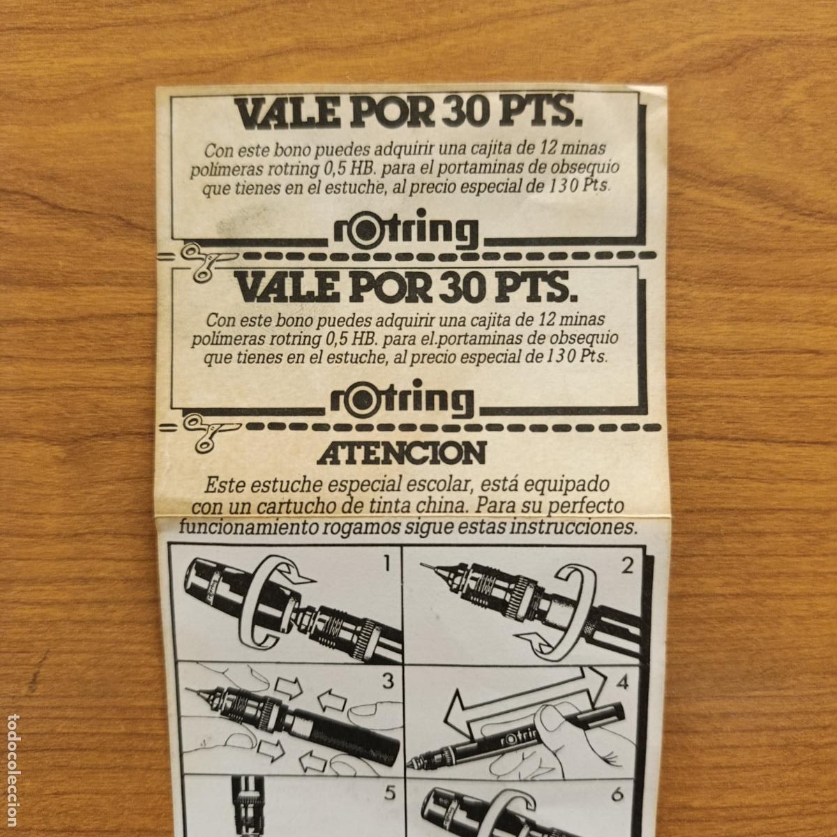 Documentos antiguos: PAREJA DE CUPONES VALE POR 30 PTS Y INSTRUCCIONES DE FUNCIONAMIENTO. ARTICULOS ROTRING