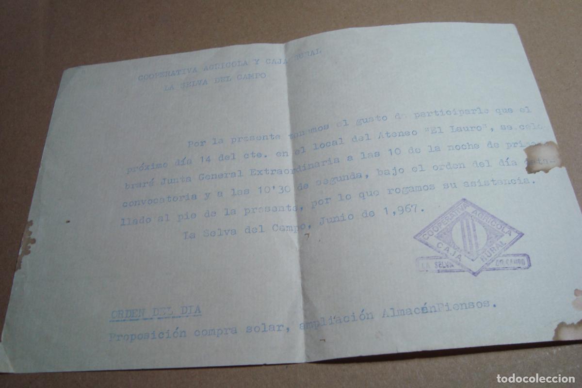 Documentos antiguos: ANTIGUA CARTA AVISO COOPERATIVA AGRICOLA Y CAJA RURAL LA SELVA DEL CAMP TARRAGONA 1967
