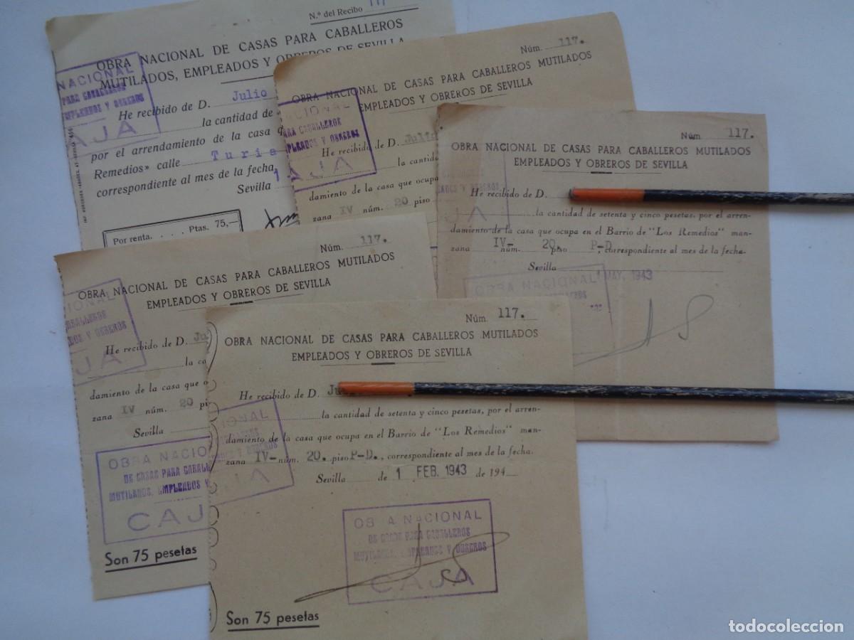 Documentos antiguos: OBRA NAL. CASAS PARA CABALLEROS MUTILADOS Y OBREROS: 5 RECIBOS C/ TURIA, LOS REMEDIOS. SEVILLA &acute;40