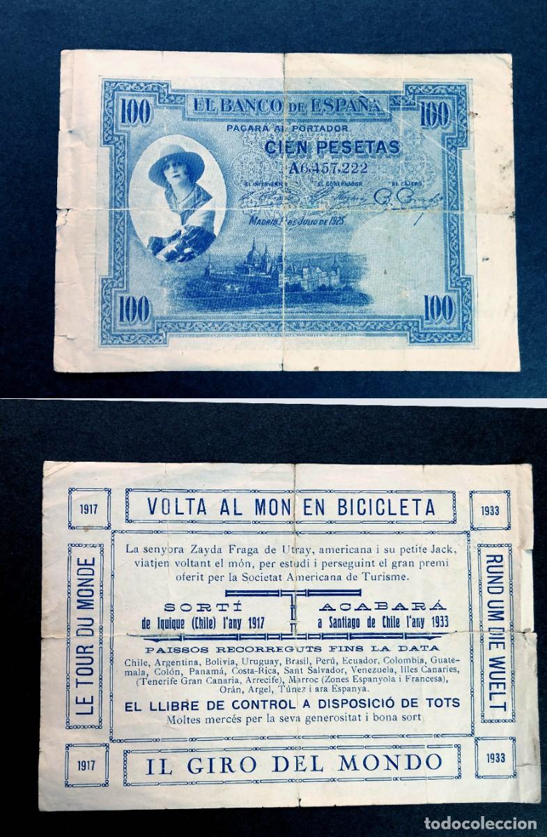 Documentos antiguos: CURIOSO DOCUMENTO / VOLTA AL MON EN BICICLETA ( 1913 - 1933 ) ZAYDA FRAGA DE UTRAY / 100 PESETAS