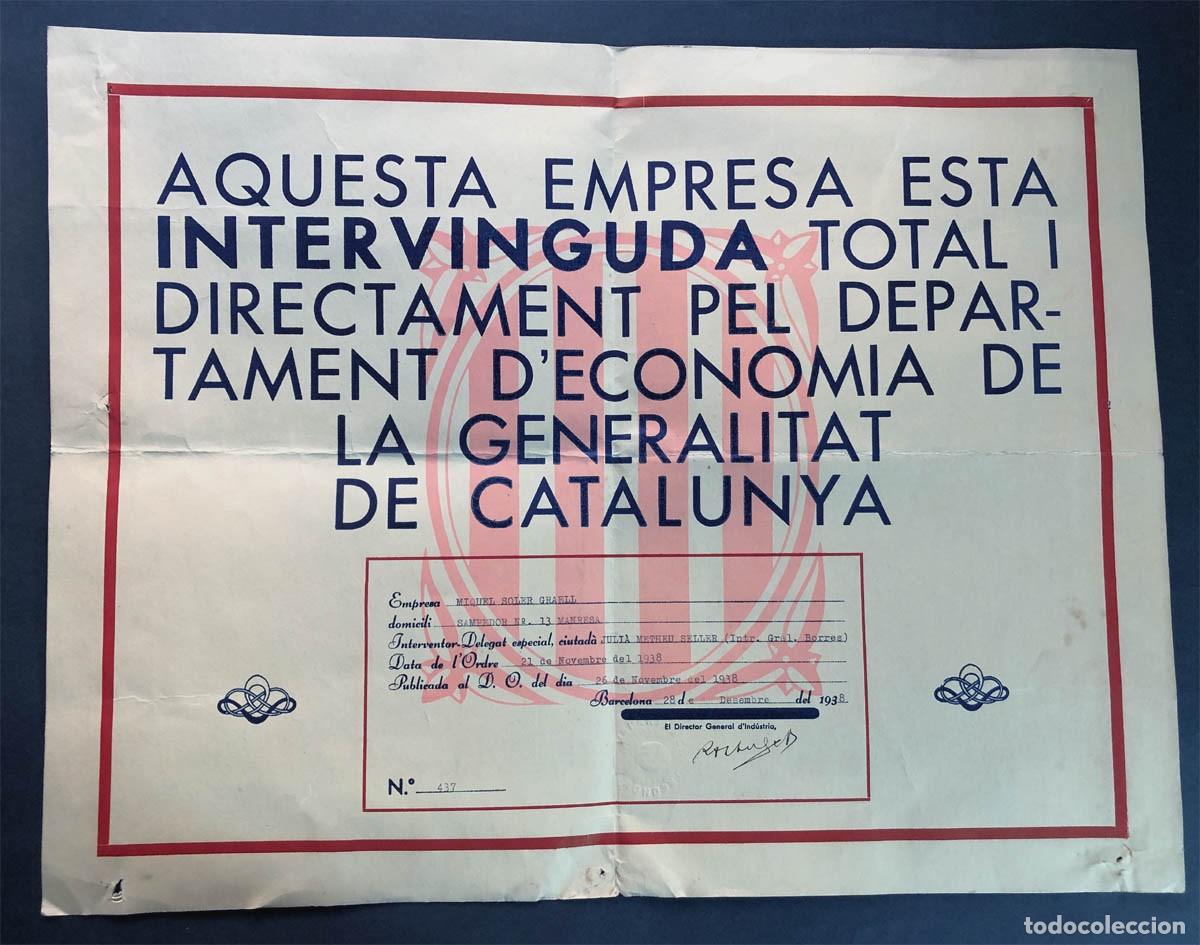 Documentos antiguos: CARTEL GUERRA CIVIL 1938 / EMPRESA INTERVENIDA POR LA GENERALITAT DE CATALUNYA / MANRESA - BARCELONA
