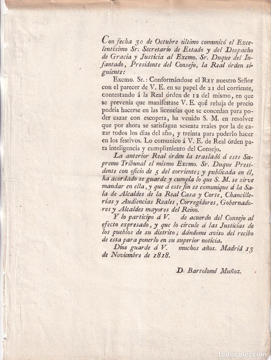 Documentos antiguos: REAL ORDEN SOBRE LAS LICENCIAS PARA PODER CAZAR CON ESCOPETA. 1818. CAZA