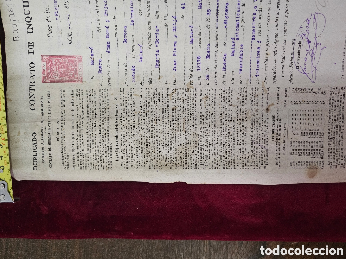 Documentos antiguos: Contrato Inquilinato Matar&oacute; (1935) &ndash; Finca &rdquo;Huerta Figuera Maj&oacute;&rdquo; &ndash; Timbre y &rdquo;Condiciones Especiales&rdquo;