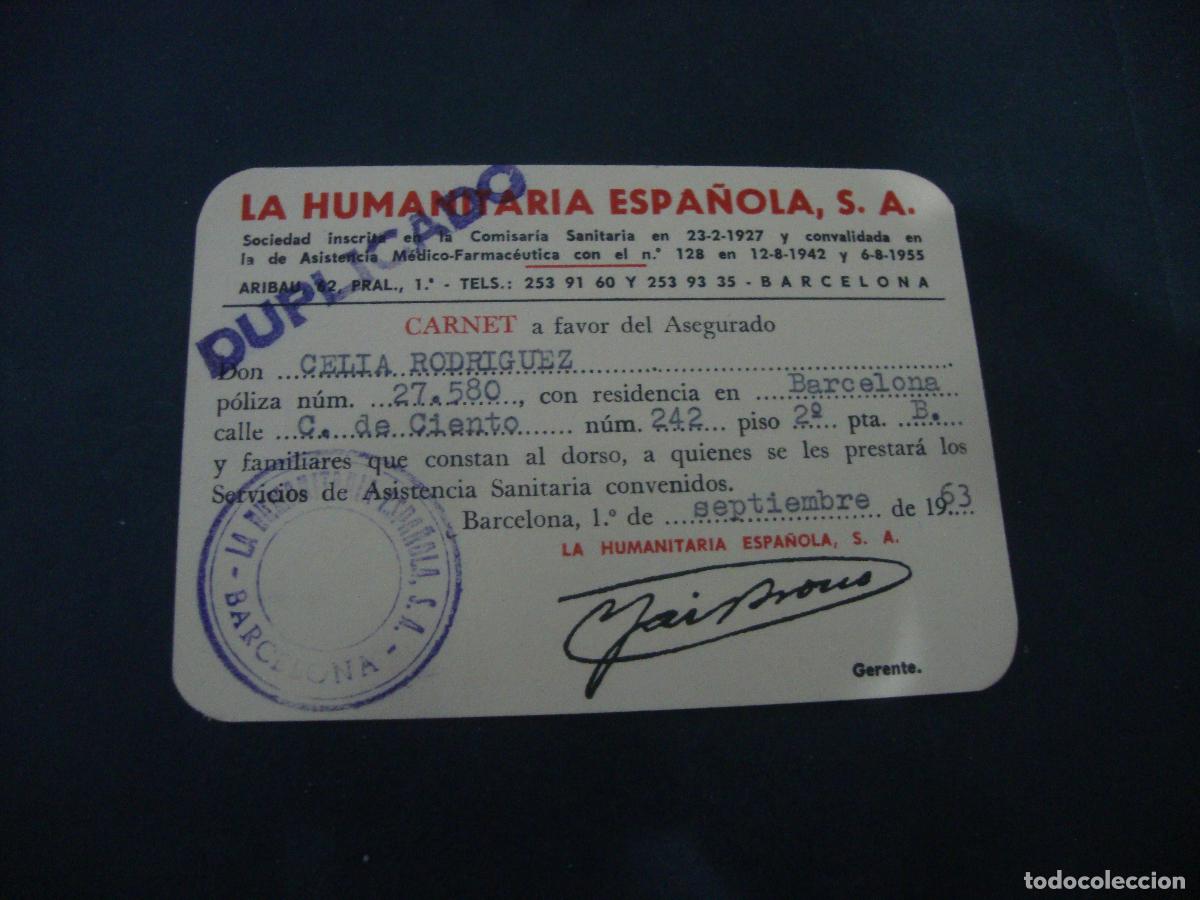 Documentos antiguos: CARNET CREDENCIAL LA HUMANITARIA ESPA&Ntilde;OLA SA SEGUROS 1963