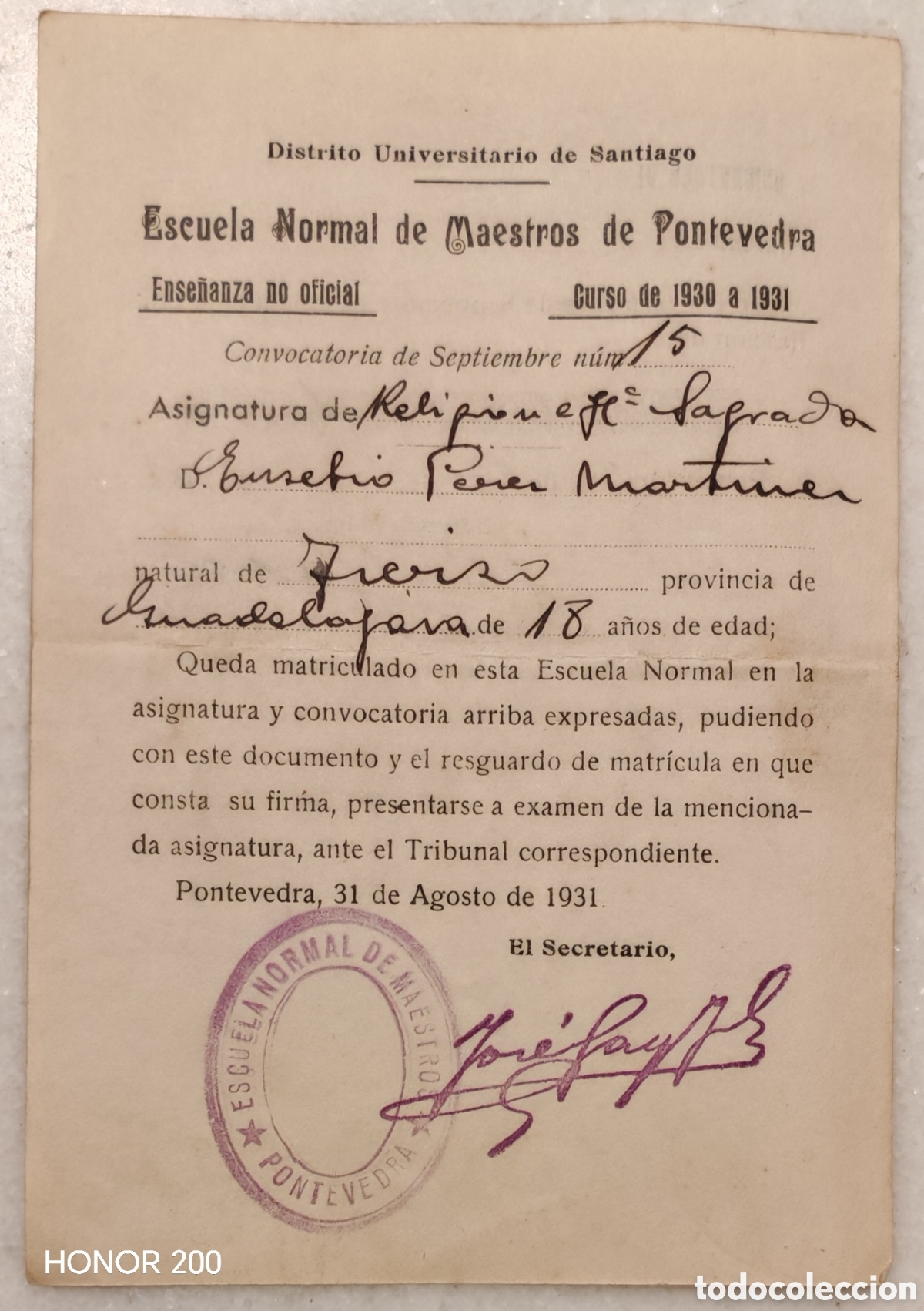 Documentos antiguos: Escuela Normal de Maestros de Pontevedra. Distrito Universitario Santiago - Convocatoria 1930-31.