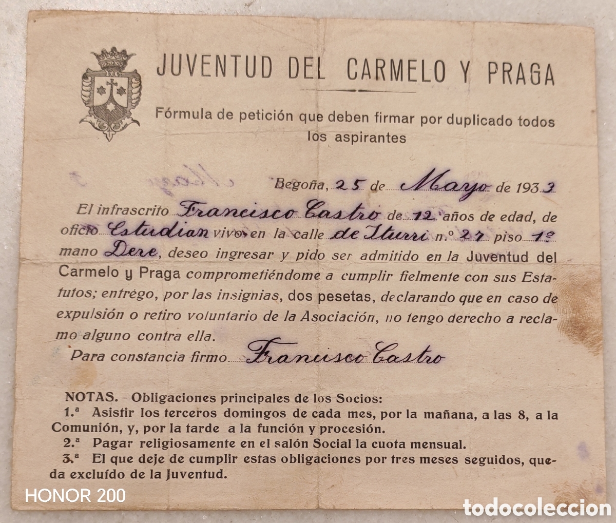 Documentos antiguos: Solicitud de Aspirantes - Juventud del Carmelo y Praga - Bego&ntilde;a Vizcaya 1933