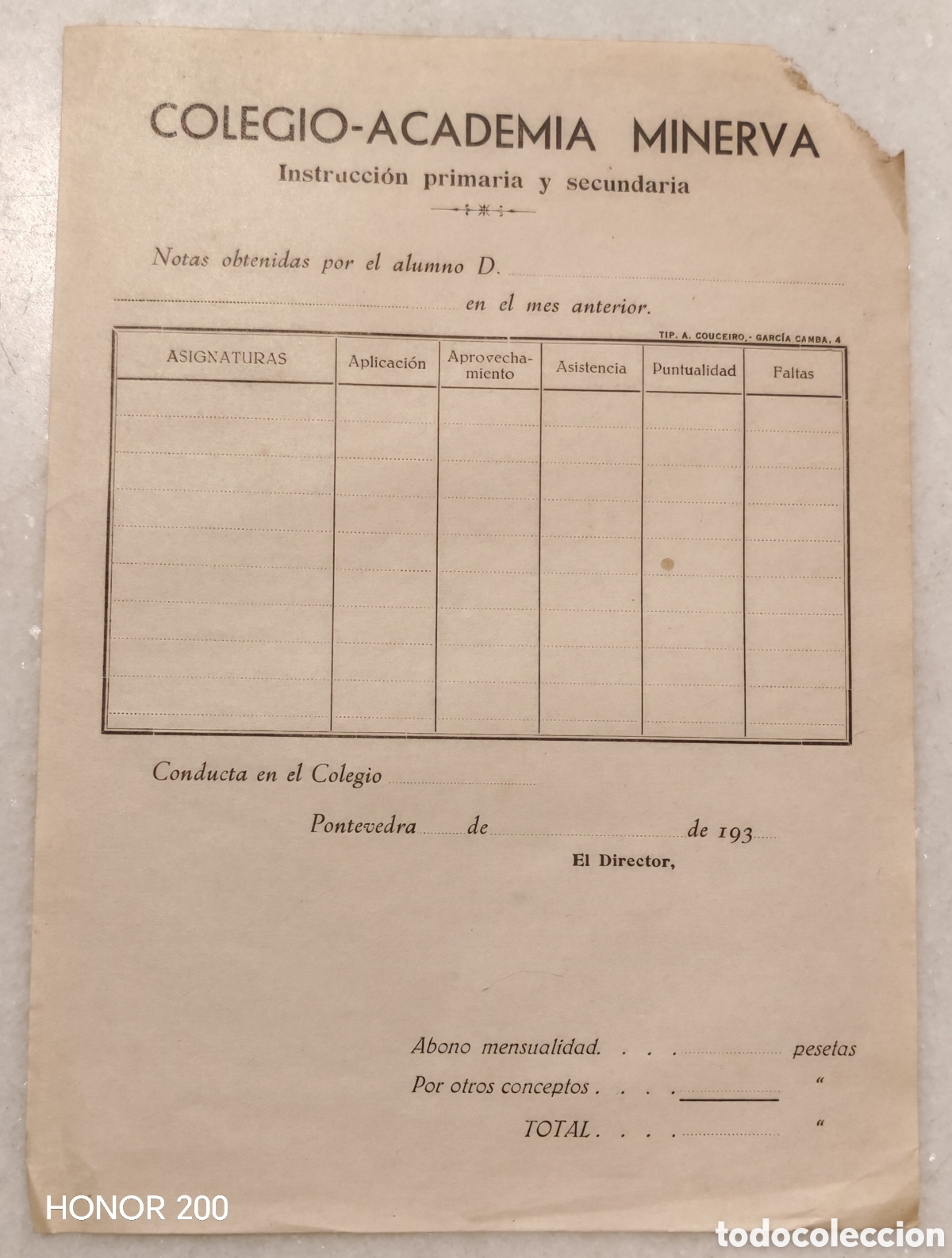 Documentos antiguos: Impreso de Notas - Colegio Academia Minerva. Instrucci&oacute;n Primaria y Secundaria - Pontevedra A&ntilde;os 30