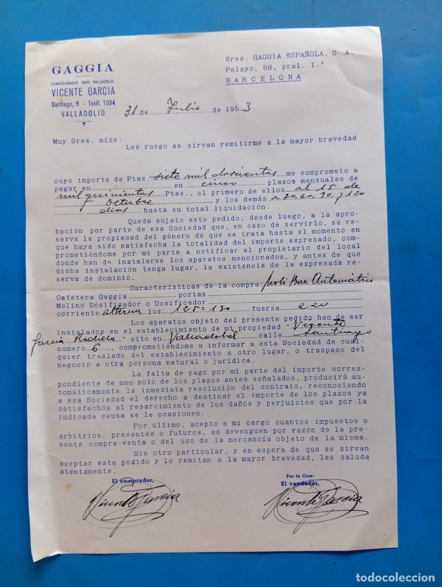 Documentos antiguos: GAGGIA. COMPRA DE M&Aacute;QUINA A PLAZOS. VALLADOLID, 1953. VER.