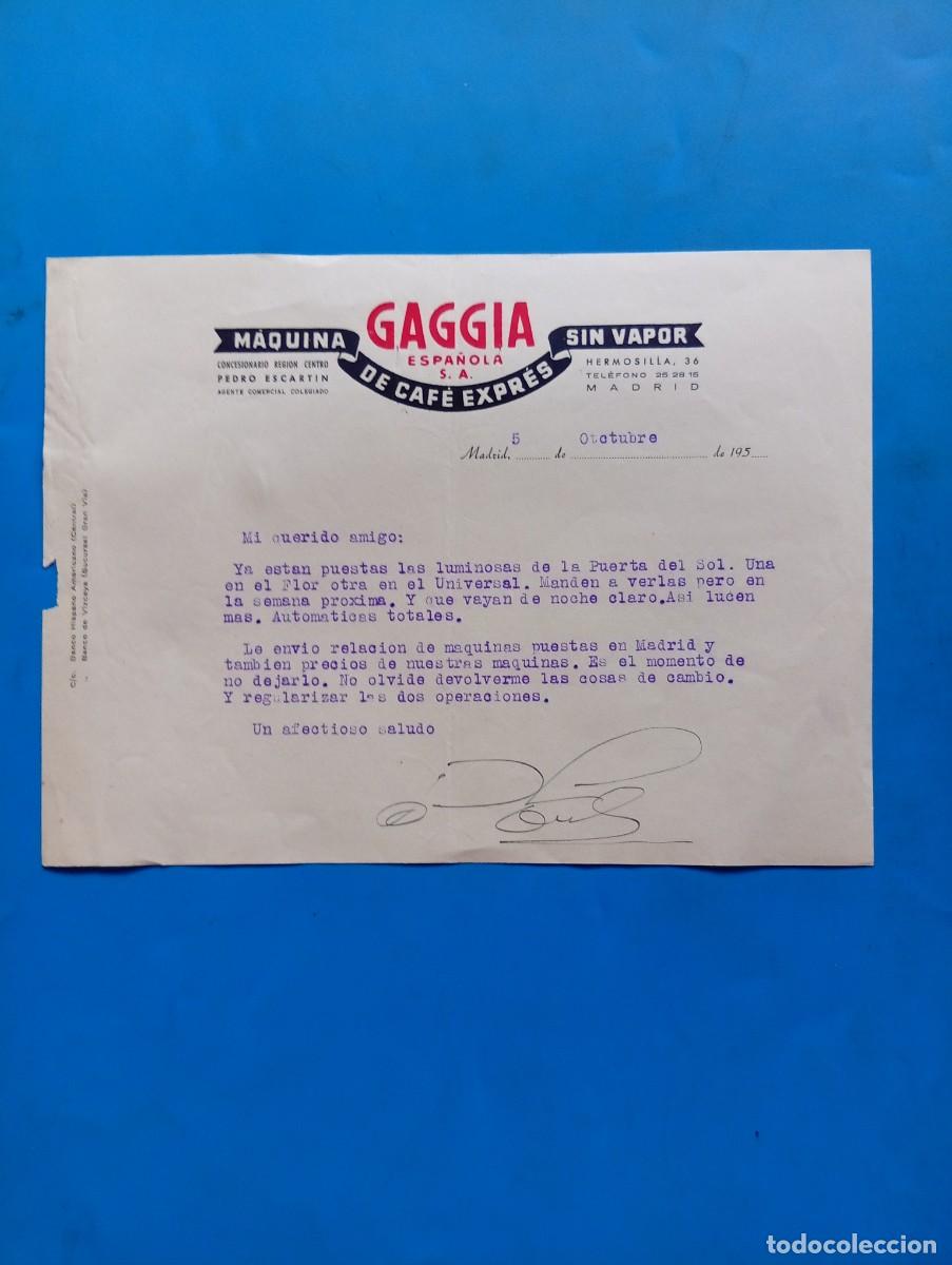 Documentos antiguos: CARTA COMERCIAL. MADRID. 195?. GAGGIA ESPA&Ntilde;OLA, S.A. MAQUINA DE CAF&Eacute; EXPR&Eacute;S SIN VAPOR.