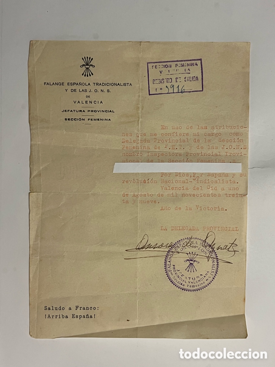 Documentos antigos: VALENCIA CERTIFICADO. Falange Espa&ntilde;ola. Nombramiento de Inspectora Provincial (a.1939)