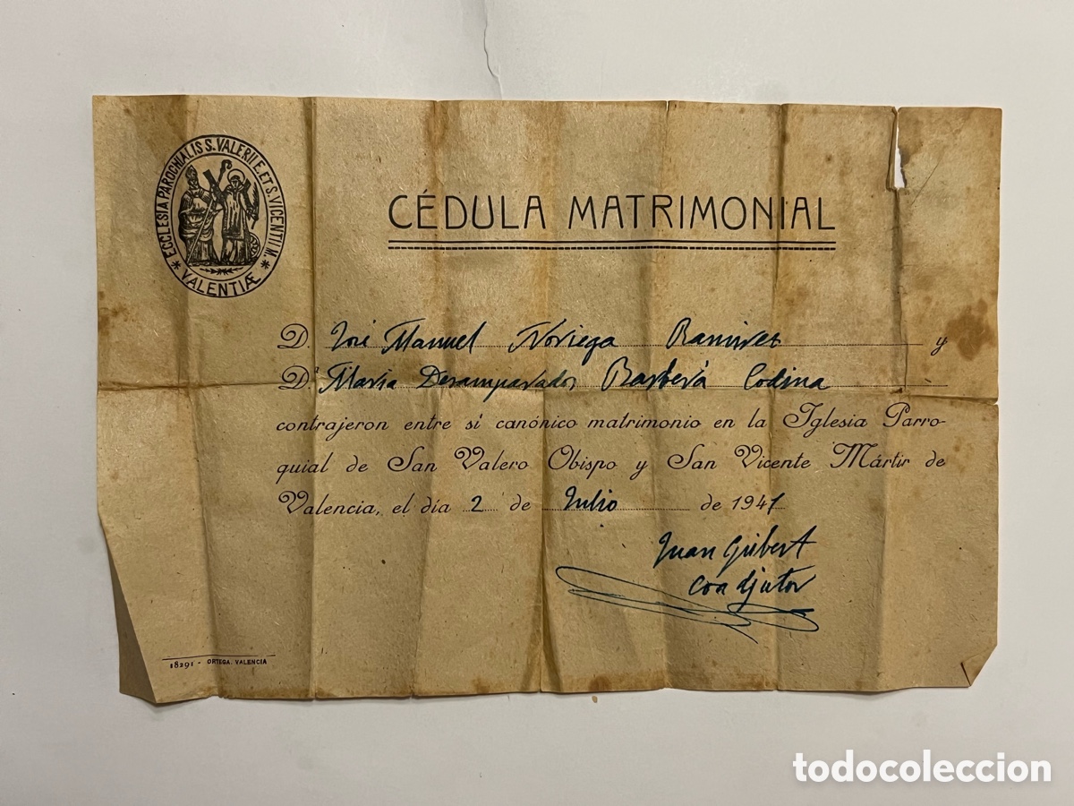 Documents Anciens: VALENCIA. C&eacute;dula Matrimonial Iglesia Parroquial de San Valero Obispo y San Vicente Martir (a.1941)