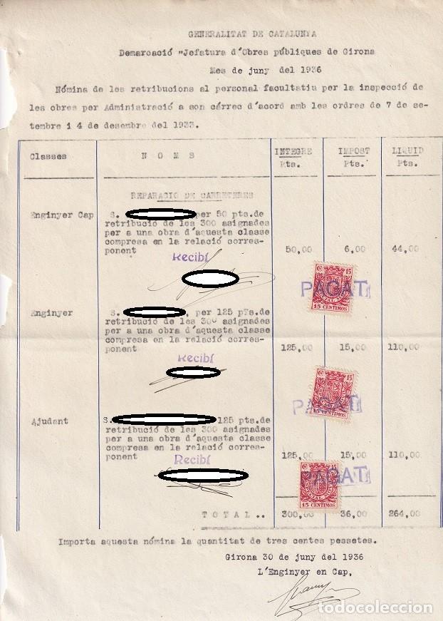 Alte Dokumente: Personal Facultativo Obras P&uacute;blicas Generalitat - N&oacute;mina Original Pre-Guerra Civil - Girona 1936
