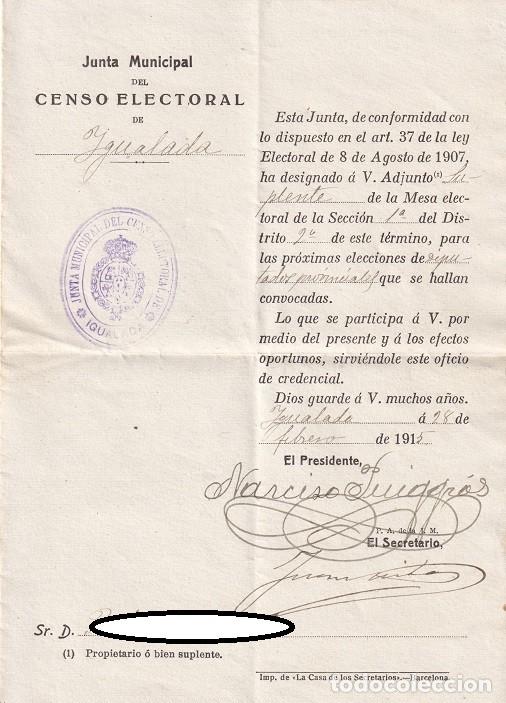 Alte Dokumente: Censo electoral Igualada 1915 - Designaci&oacute;n Adjunto suplente en Mesa electoral Elecciones diputados