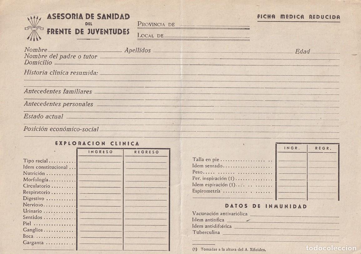 Documentos antigos: Ficha M&eacute;dica Frente de Juventudes - Sin Rellenar (Nueva) - Documento Sanidad Falange - A&ntilde;os 40