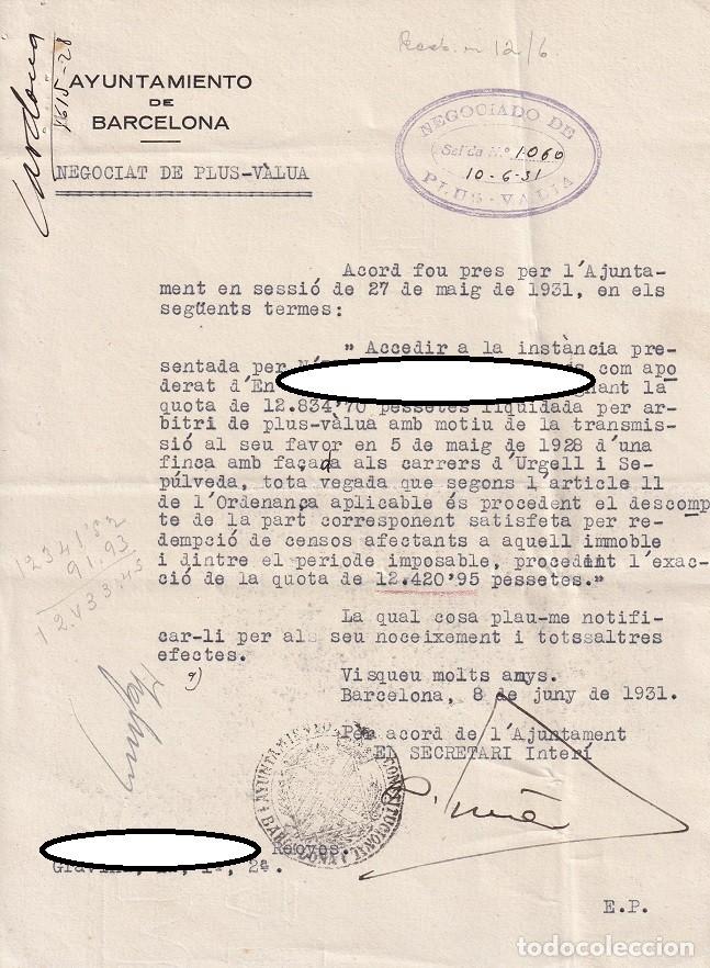 Alte Dokumente: Aprobaci&oacute;n de la impugnaci&oacute;n de la cuota de plusval&iacute;a - Ayuntamiento de Barcelona, 1931 / En catal&aacute;n