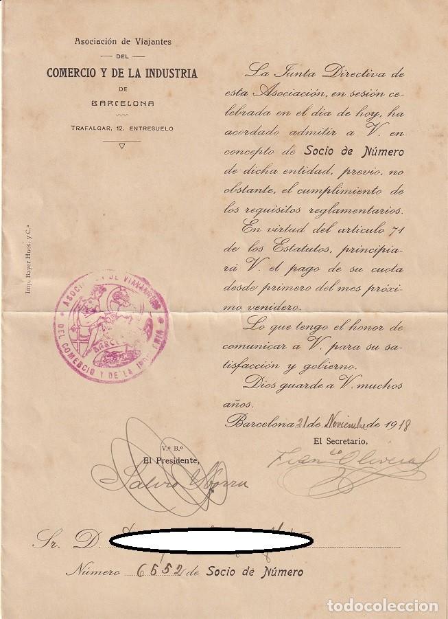 Documents Anciens: Documento 1918 - Admisi&oacute;n Socio Asociaci&oacute;n Viajantes Barcelona - Firma y Sello Original - Muy Raro