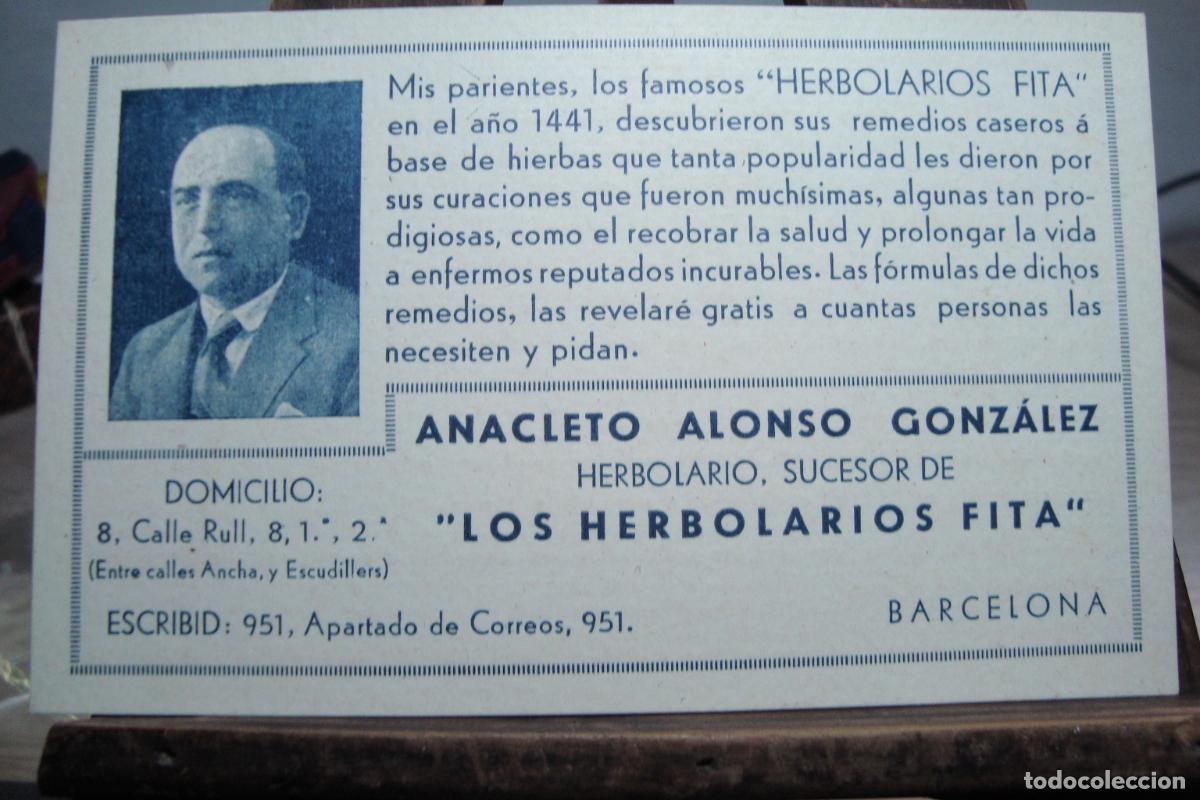 Documentos antiguos: ANTIGUA TARJETA COMERCIAL. HERBOLARIOS FITA. ANACLETO ALONSO GONZALEZ. BARCELONA