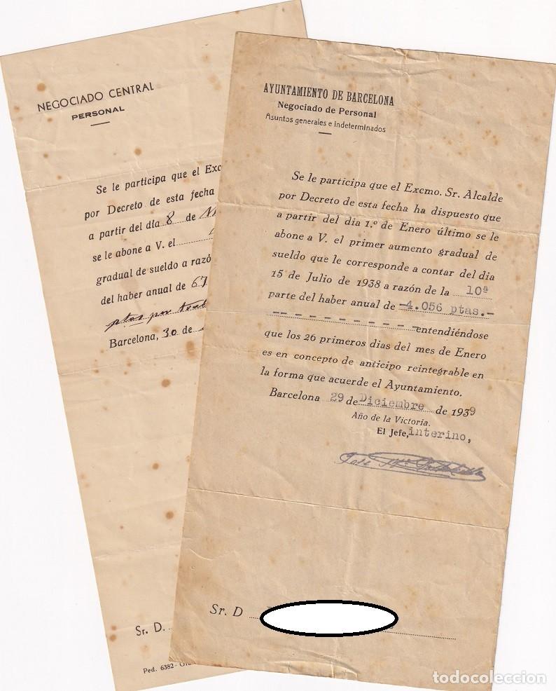 Alte Dokumente: 2 Notificaciones de aumento de sueldo a bombero de Barcelona - A&ntilde;os: 1939 y 1949