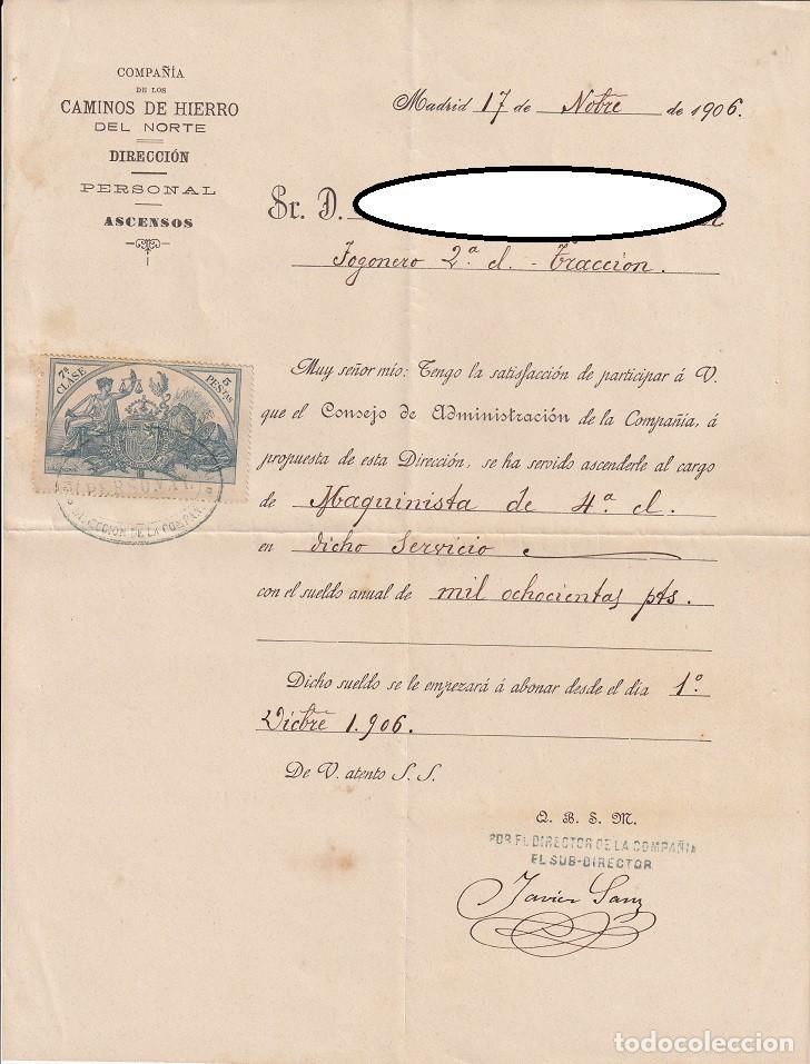 Documents Anciens: Madrid 1906 Fiscal / Carta ascenso de Fogonero 2&ordf; cl. tracci&oacute;n a Maquinista de 4&ordf; cl. - Caminos d ..